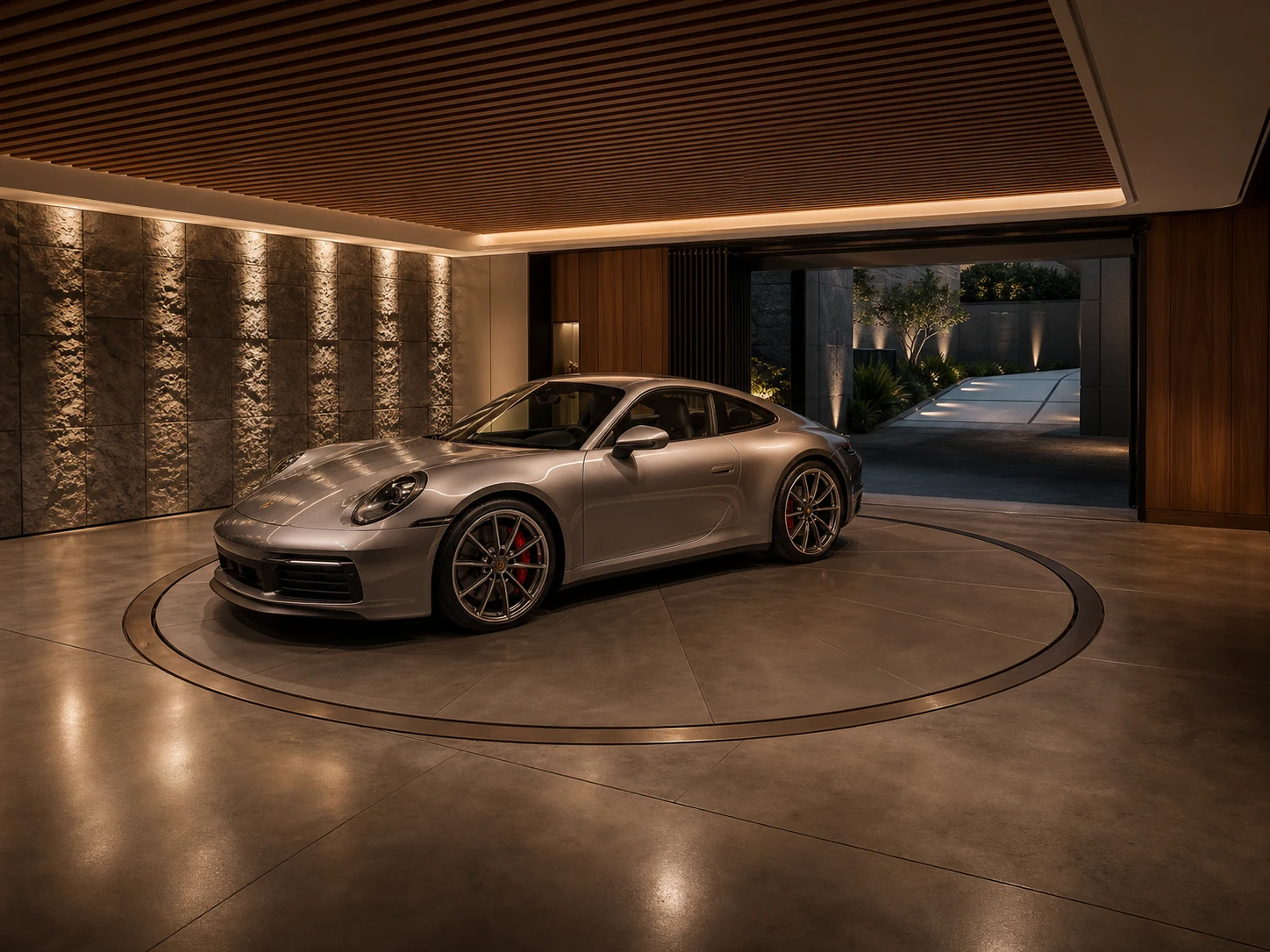 Luxury garage with a flush circular vehicle turntable and warm architectural lighting
