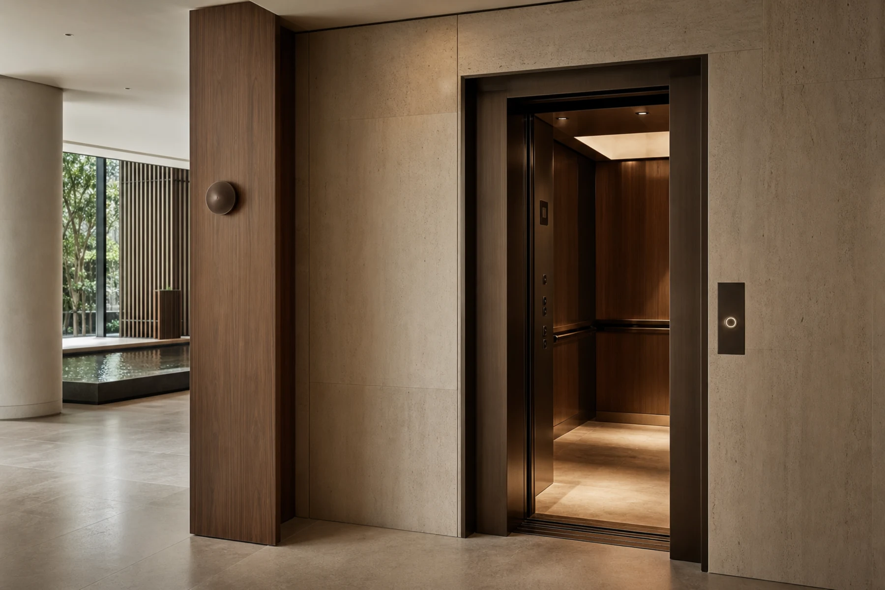 Enclosed bronze and timber elevator integrated into a travertine commercial lobby